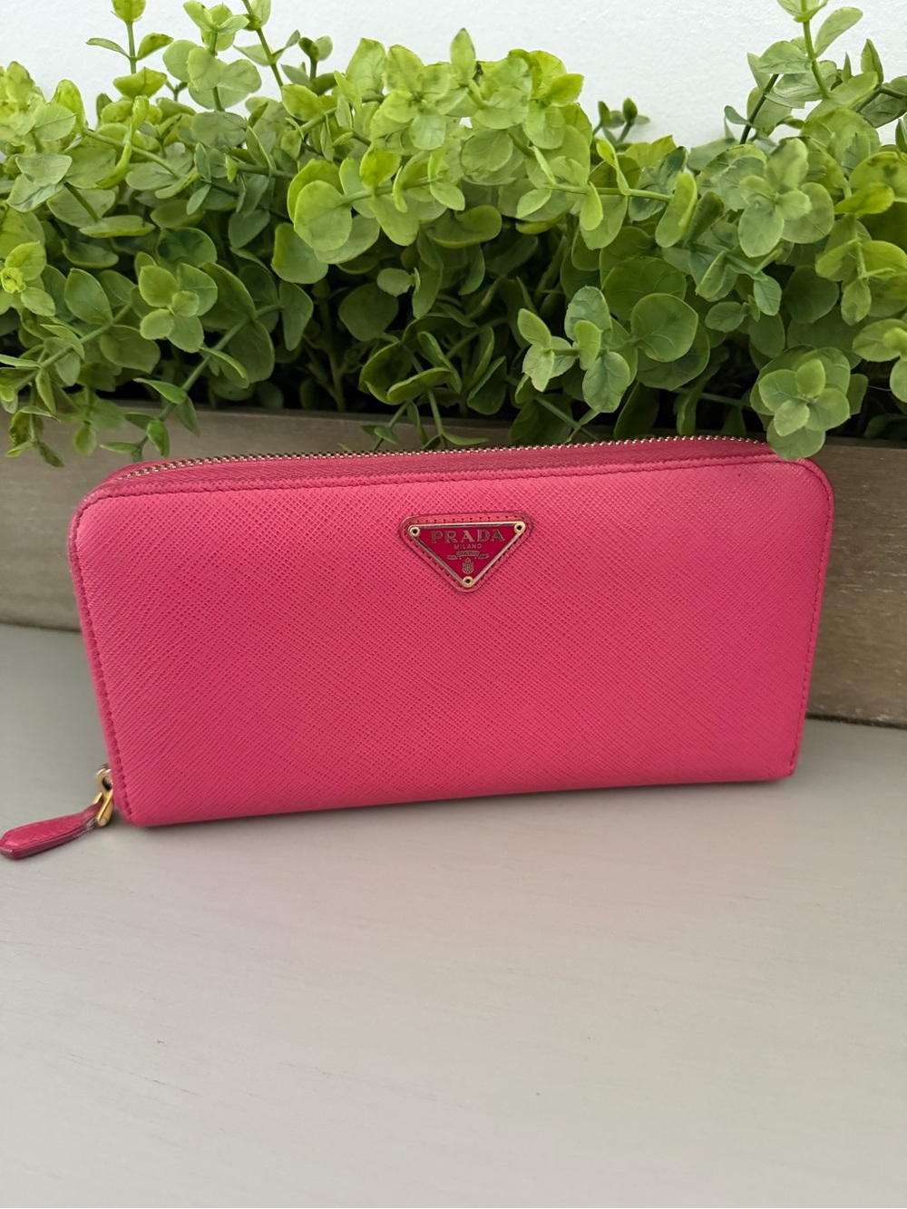 Prada Hot Pink Saffiano Zip Wallet w| Gold Logo